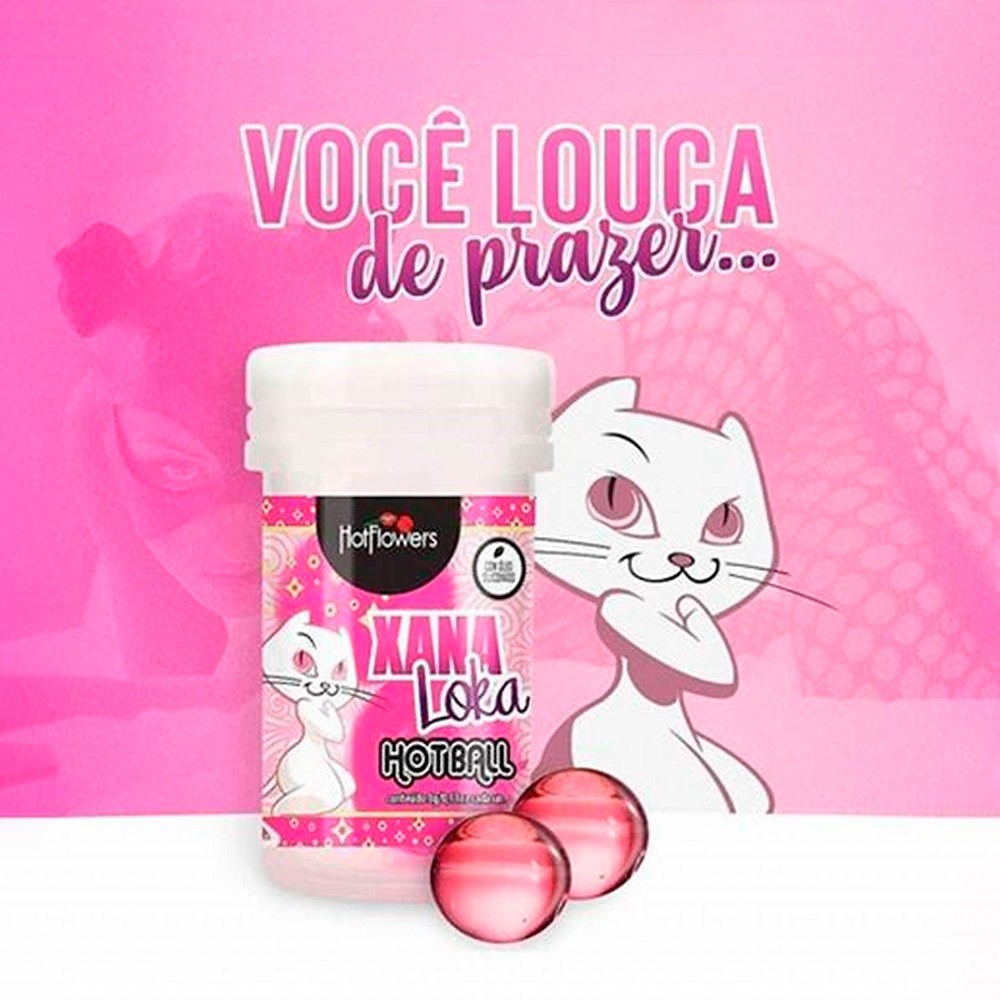 Embalagem da Bolinha de �leo Corporal com �leo Siliconado Esquenta, Esfria e Vibra Xana Loka 3ml e duas metades da c�psula com o �leo vis�vel, destacando o gatinho e o texto Esquentra Esfria Vibra