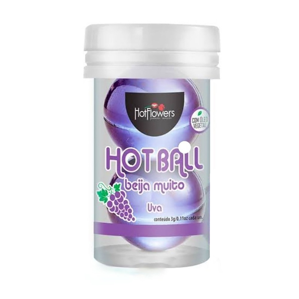 Bolinha de �leo Corporal Hot Ball Aroma Uva com 3ml de �leo vegetal da Hot Flowers Cosm�tico, em embalagem transparente.