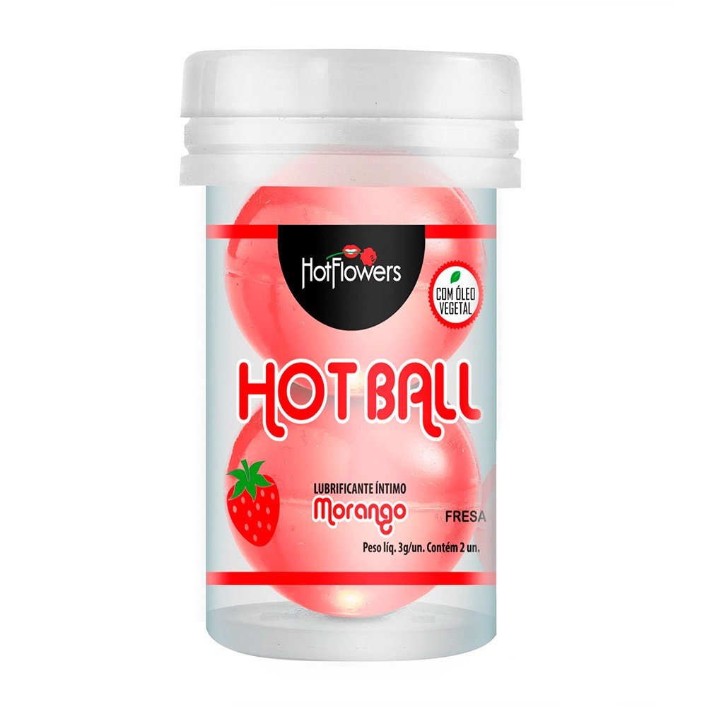 Bolinha de �leo Corporal Lubrifica��o �ntima Morango, mostrando o produto dentro e fora da embalagem
