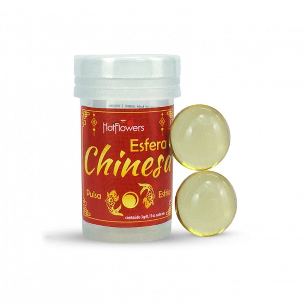 Bolinha de �leo Corporal Esfera Chinesa fora da embalagem, mostrando sua textura transl�cida e duas unidades do produto.