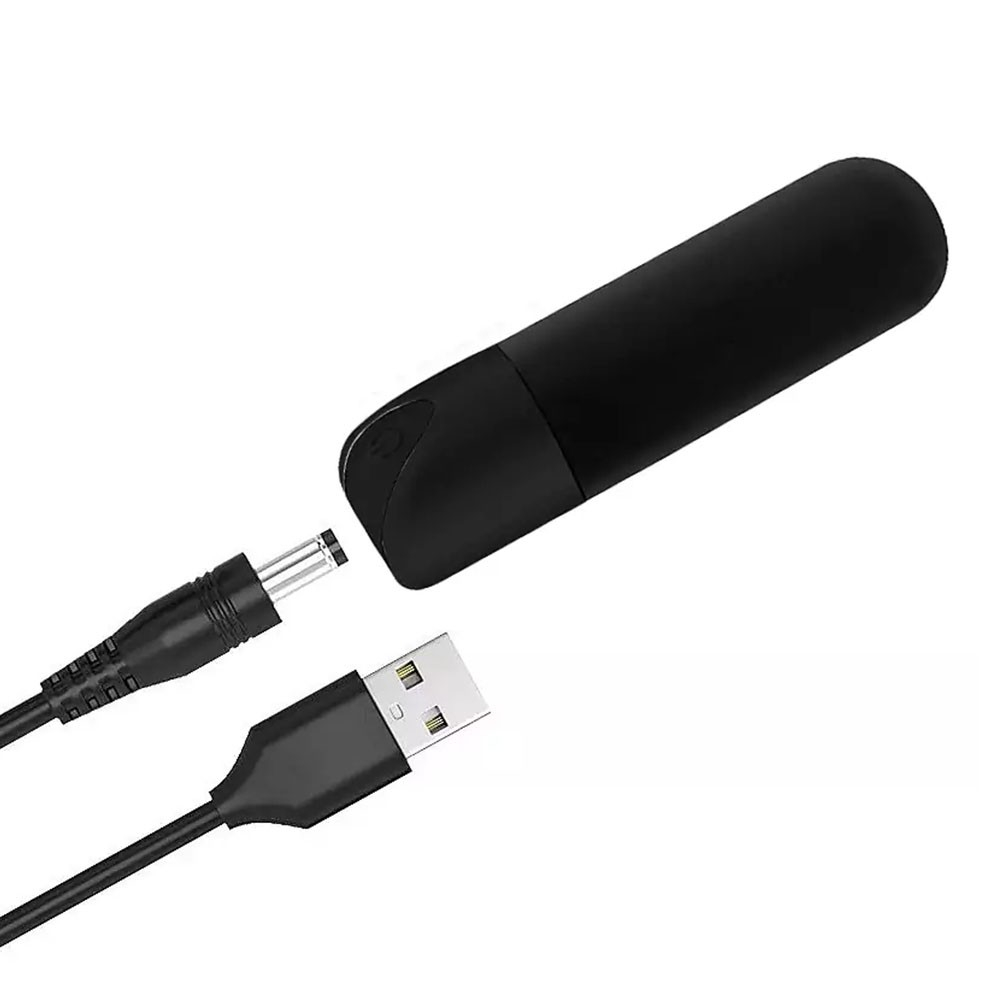 Vibrador Bullet em Silicone Recarreg�vel com 10 Modos de Vibra��o Preto, imagem ilustra o vibrador e o cabo USB para carregamento