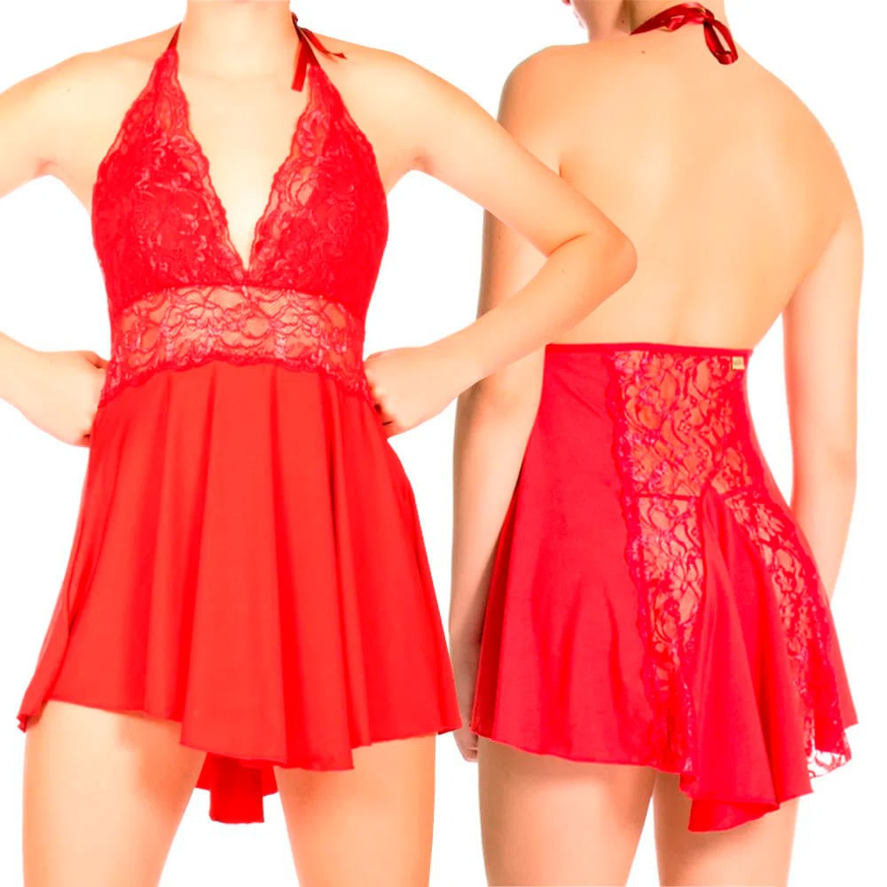 Vista frontal e traseira da Camisola Sensual Sexy Vermelha, destacando o decote em V de renda, a saia de poliamida e os detalhes da renda nas costas.