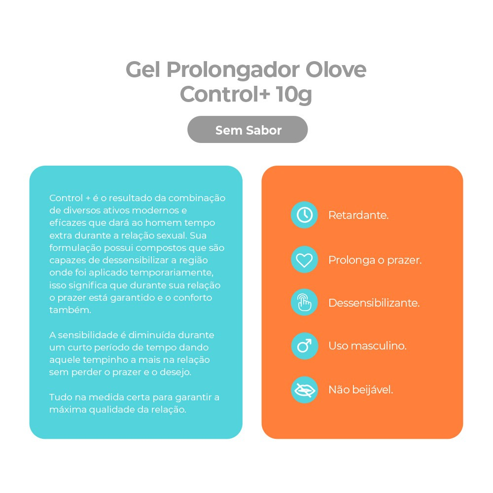Infogr�fico detalhando benef�cios do Gel Control+ como retardante, prolongador de prazer, dessensibilizante e uso masculino