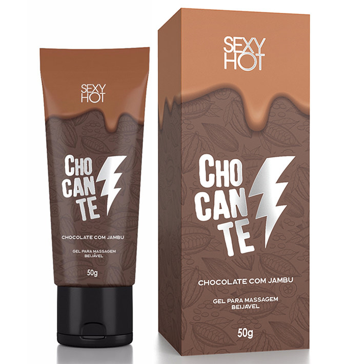 Embalagem do Vibrador L�quido Beij�vel Chocante Chocolate com Jambu 50g ao lado de sua caixa, em perspectiva.