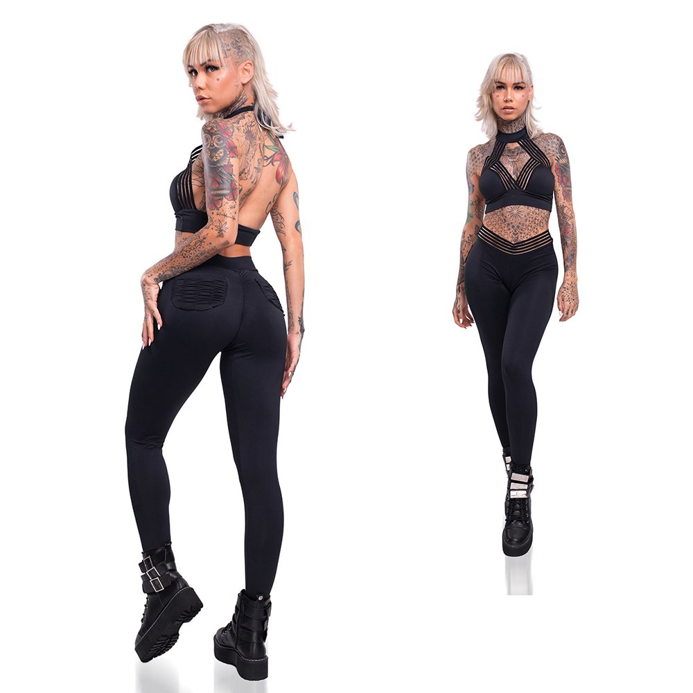 Conjunto Sensual Sexy em Suplex Poliamida - Cal�a Levanta Bumbum e Cropped Frente �nica Preto - Vista de lado