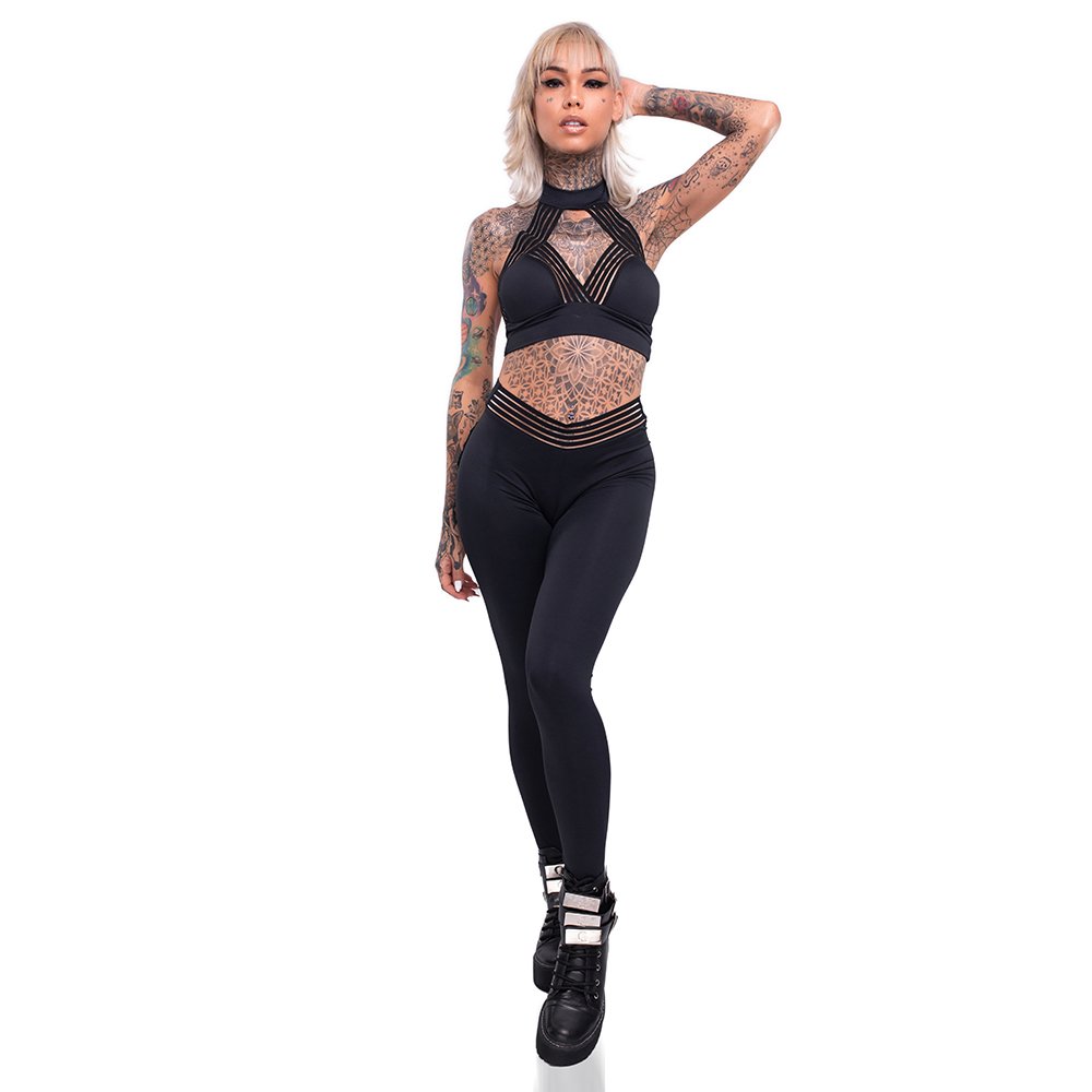 Conjunto Sensual Sexy em Suplex Poliamida - Cal�a Levanta Bumbum e Cropped Frente �nica Preto - Vista frontal