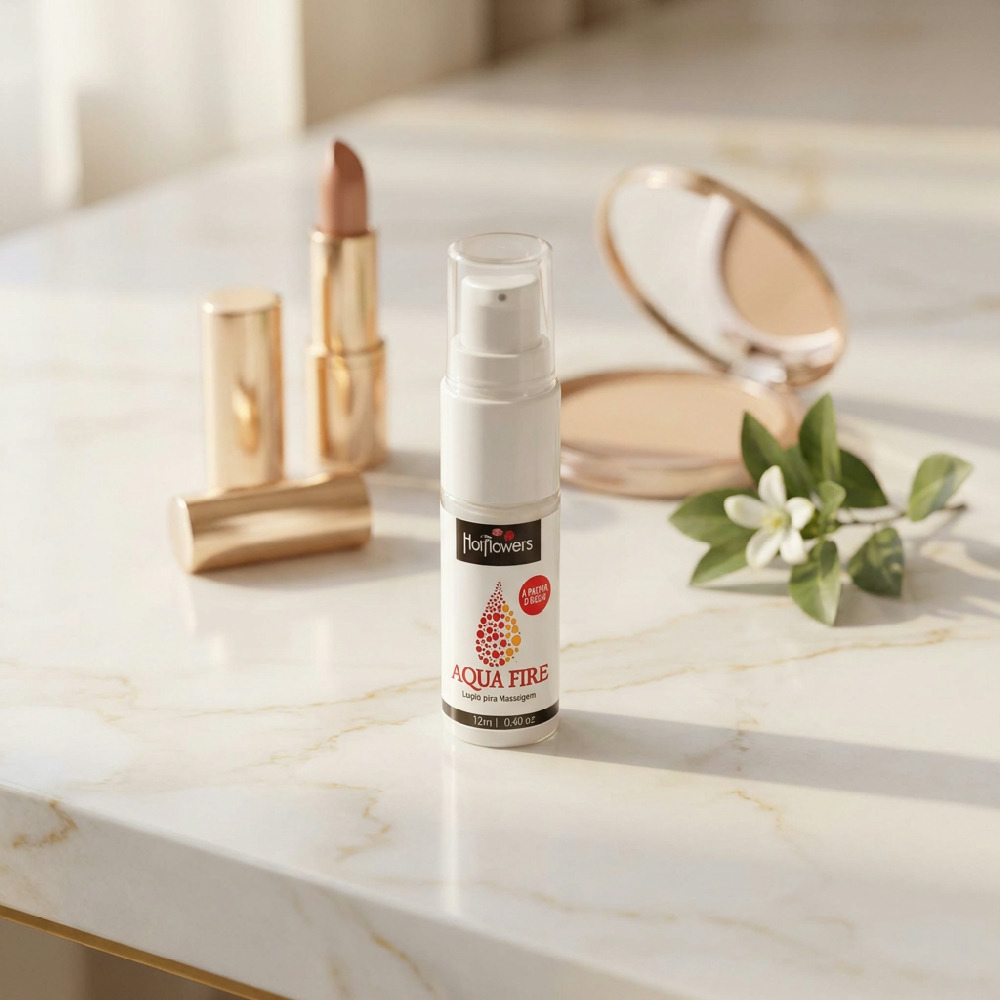 Detalhe do frasco de Gel Lubrificante �ntimo Aqua Loob, com o logo Hot Flowers e a indica��o de 12ml.