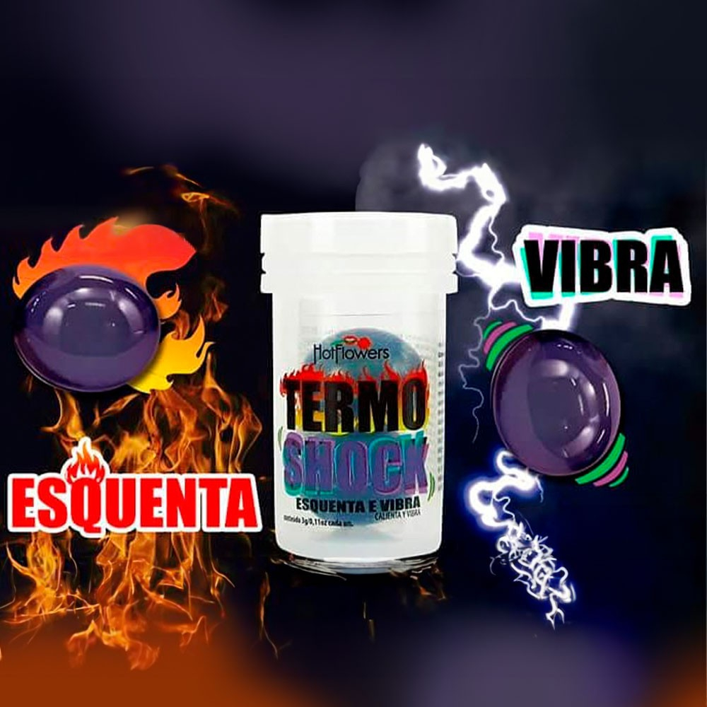 Bolinha de �leo Corporal Esquenta e Vibra Termo Shock com chamas (efeito esquenta) e raios (efeito vibra) ao lado, em fundo escuro.