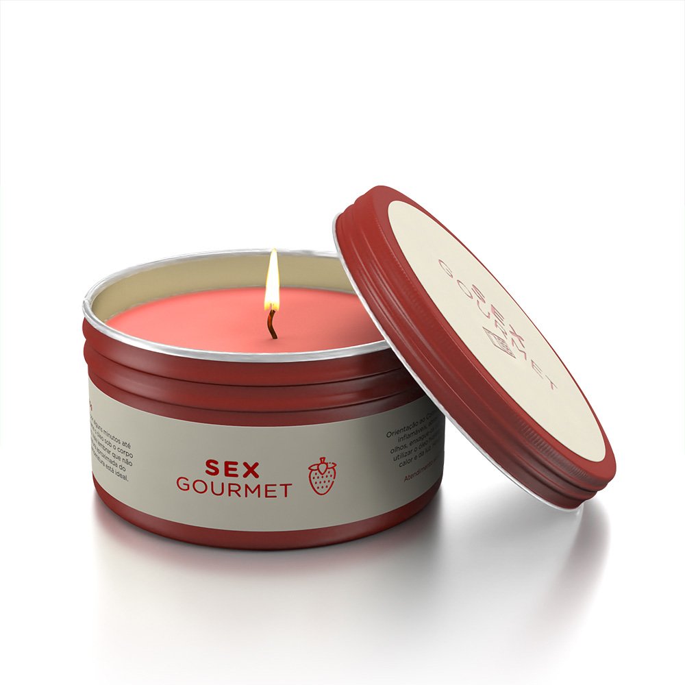 Vela para Massagem Hidratante Beij�vel Sex Gourmet Morango 70g | Vela acesa em lata vermelha