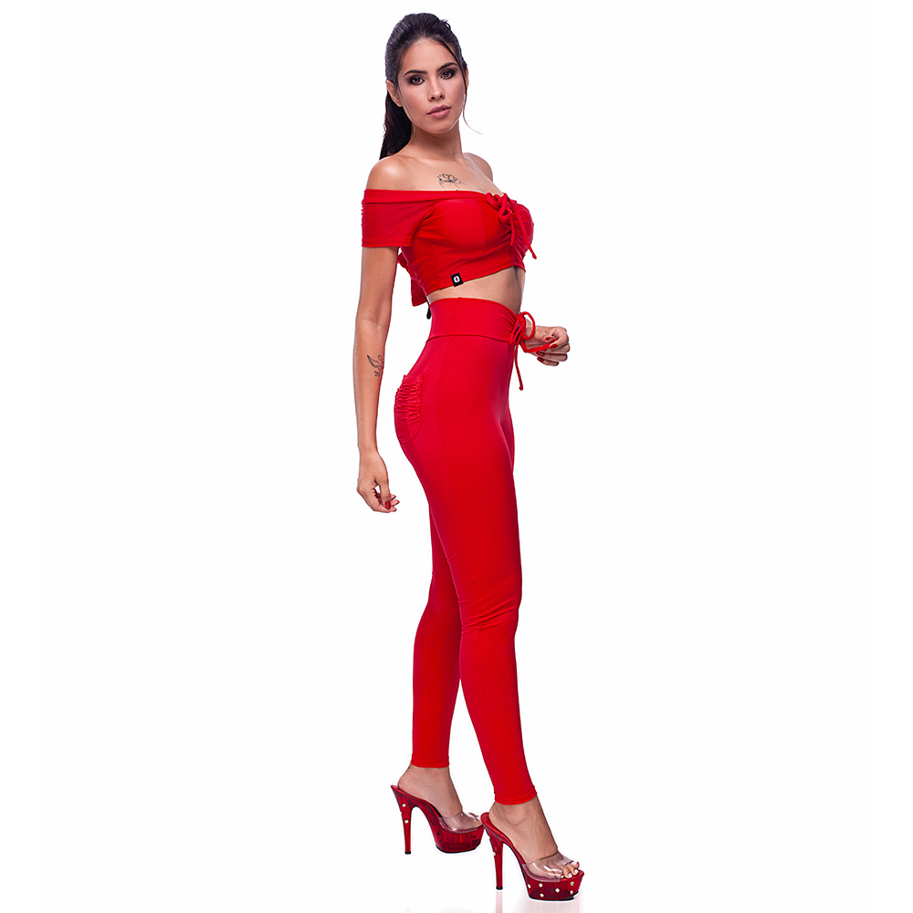 Conjunto Sensual em Suplex Poli�ster com Cal�a Sexy Levanta Bumbum e Cropped Vermelho | Foto 04