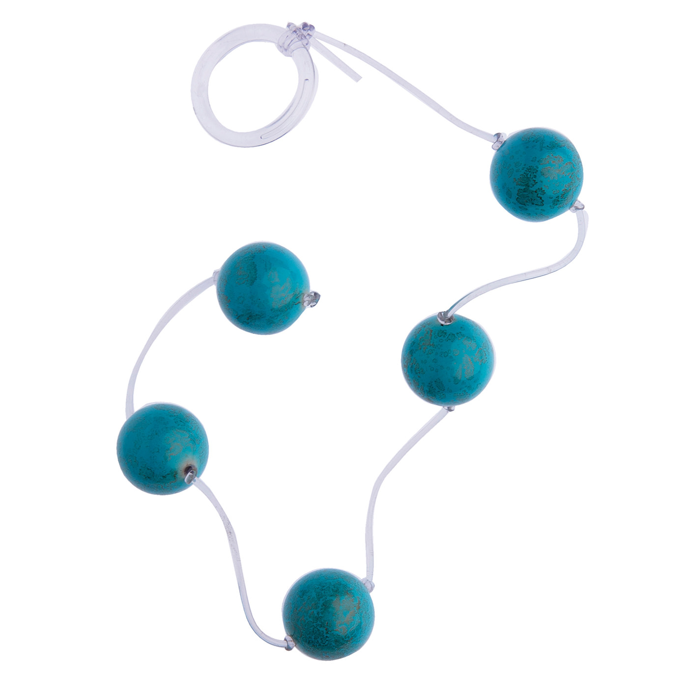 Bolinha Tailandesa Grande de pompoarismo, em vista diagonal, mostrando o design das contas e a corda de nylon para seguran�a