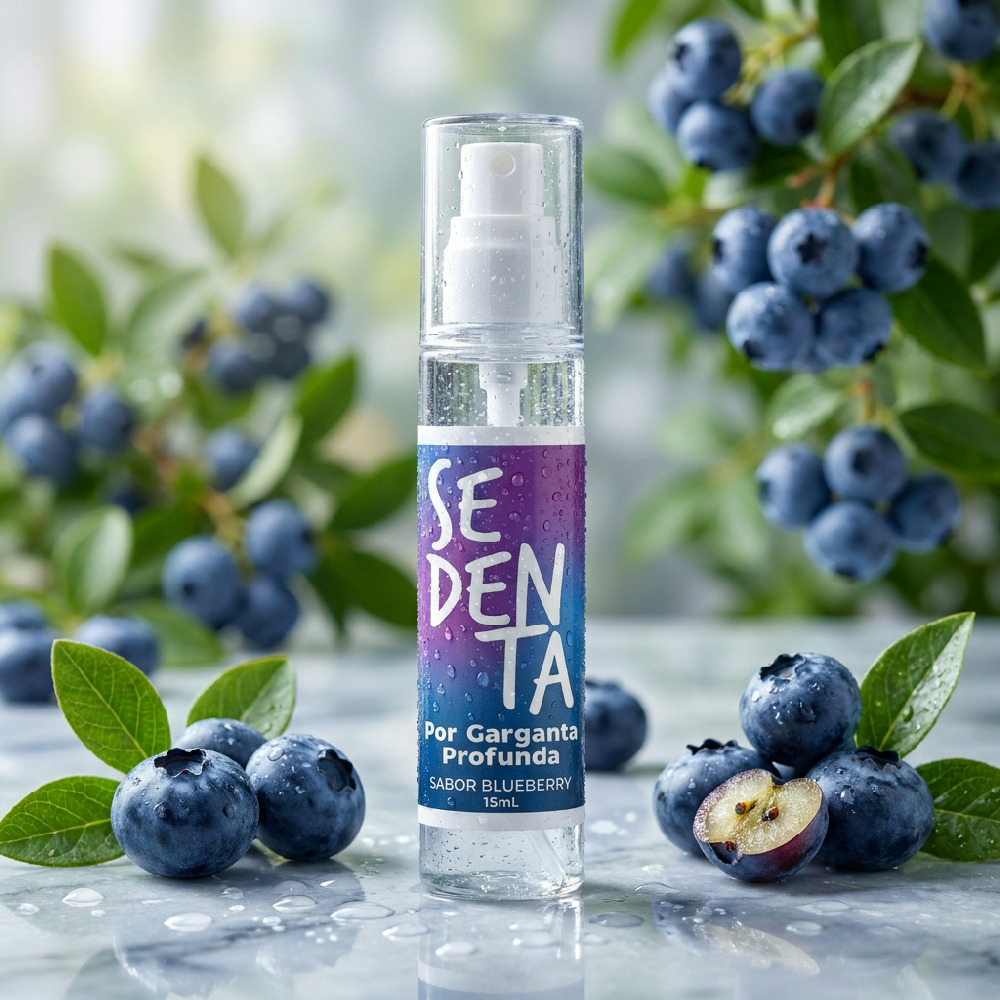 Spray Bucal Garganta Profunda Comest�vel Sedenta Sabor Blueberry 15ml - Embalagem do produto.