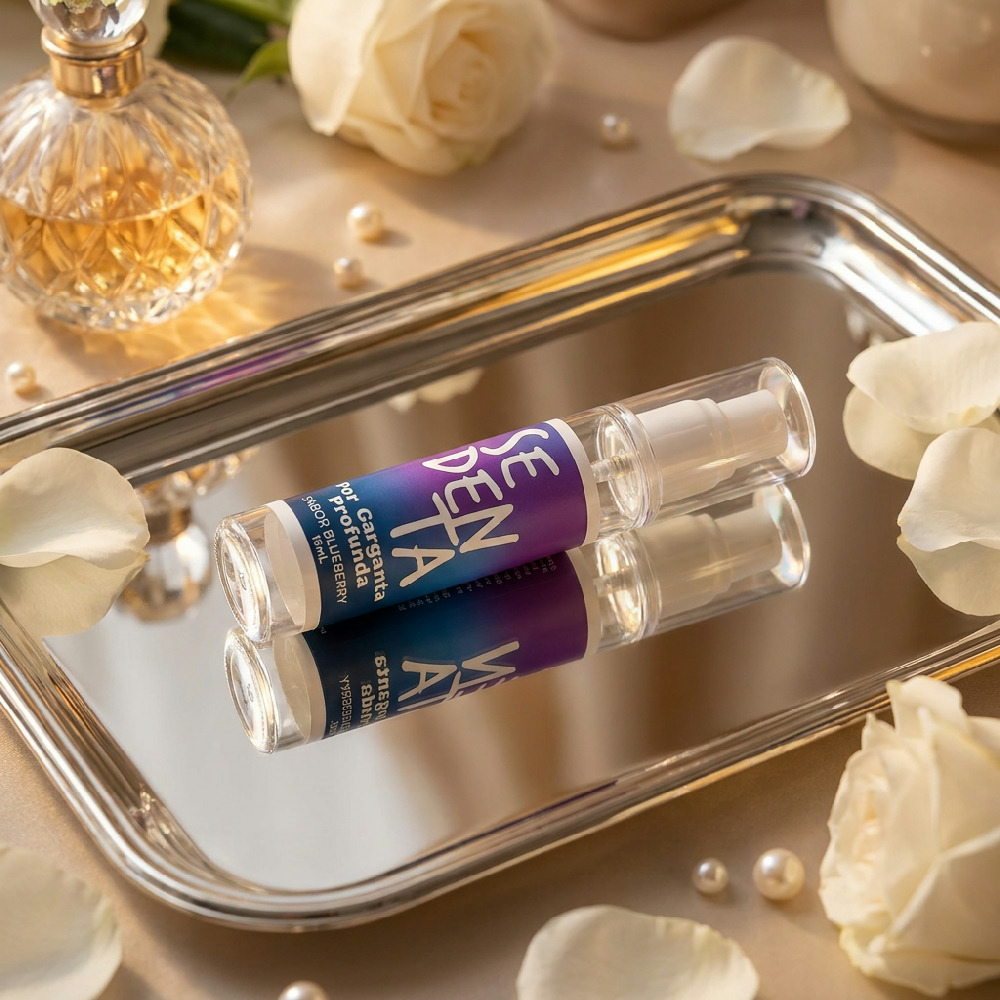 Spray Bucal Garganta Profunda Comest�vel Sedenta Sabor Blueberry 15ml - Detalhe do bico aplicador.