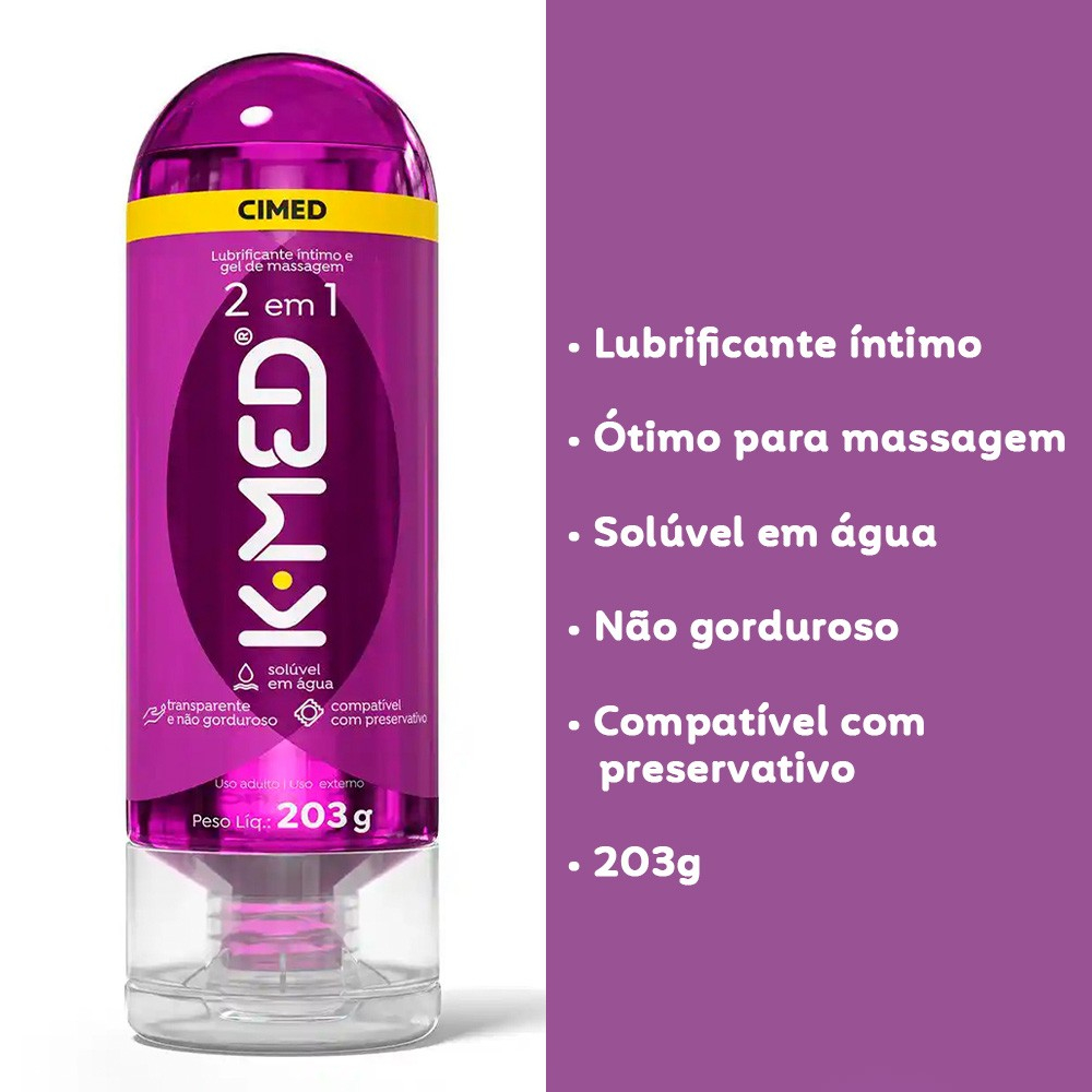Lubrificante �ntimo K-Med 2 em 1 com lista de benef�cios: sol�vel em �gua, n�o gorduroso, compat�vel com preservativo e 203g
