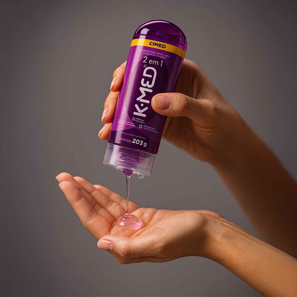 M�os aplicando o gel lubrificante K-Med 2 em 1, demonstrando a textura transparente e n�o gordurosa do produto