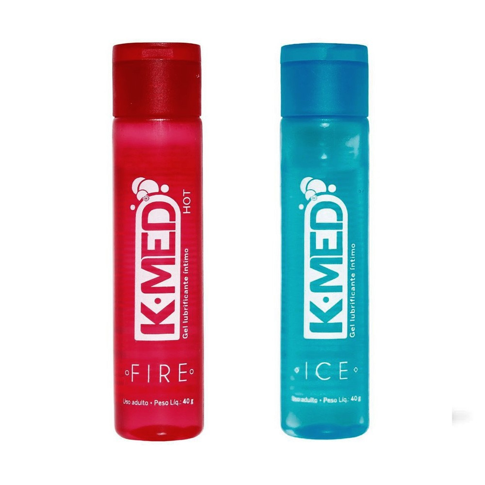 Kit K-Med Fire e Ice, mostrando os dois frascos de 80g, um vermelho para aquecer (Fire) e um azul para esfriar (Ice)