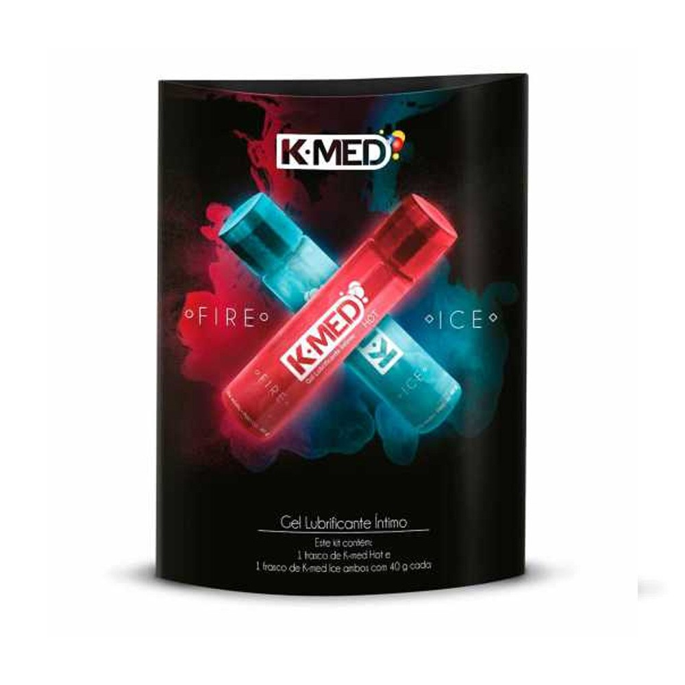 Embalagem do Kit K-Med Fire e Ice, destacando os frascos vermelho e azul com efeitos de luz