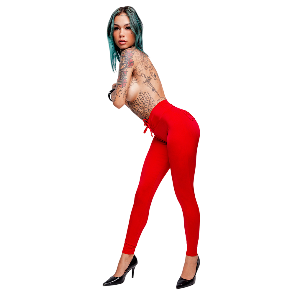 Cal�a Sensual Sexy Vermelha, vista lateral da modelo exibindo a cintura e o la�o