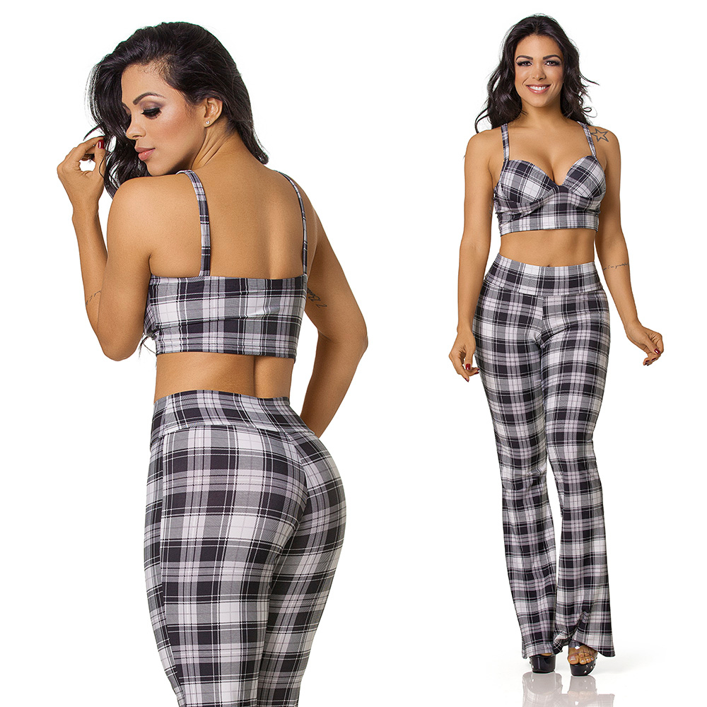 Conjunto Sensual Sexy em Suplex Poliamida com Bojo Cal�a Flare Xadrez | Vista Traseira