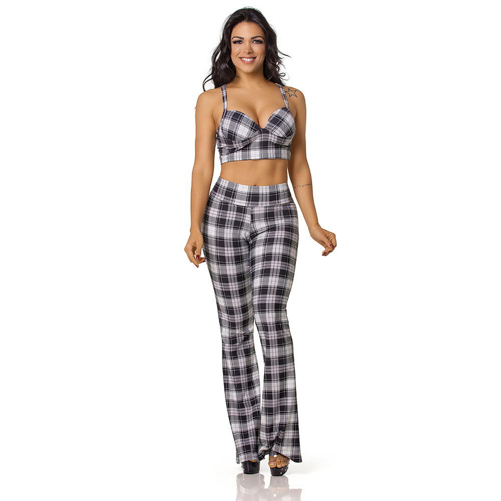 Conjunto Sensual Sexy em Suplex Poliamida com Bojo Cal�a Flare Xadrez | Posa Frontal
