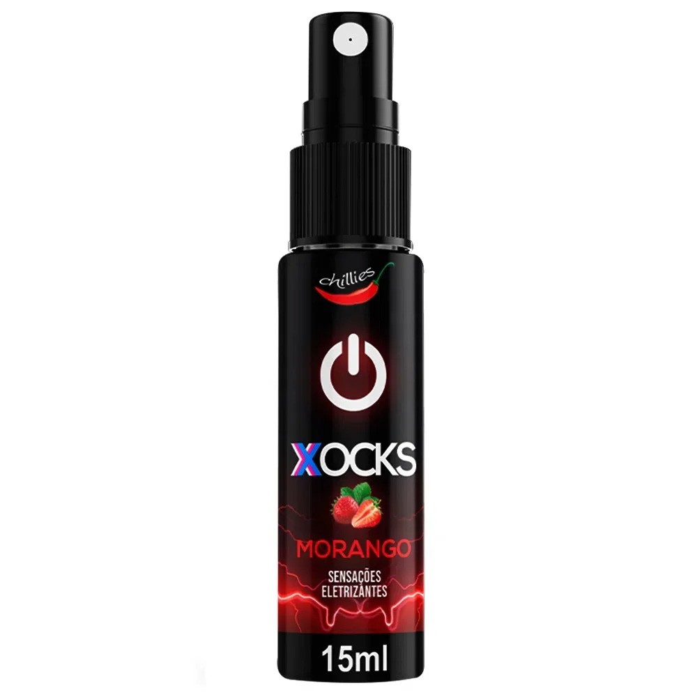 Vibrador L�quido Aroma Morango Xocks 15ml, frasco preto com detalhes em vermelho, com logo Chillies e �cone de power.
