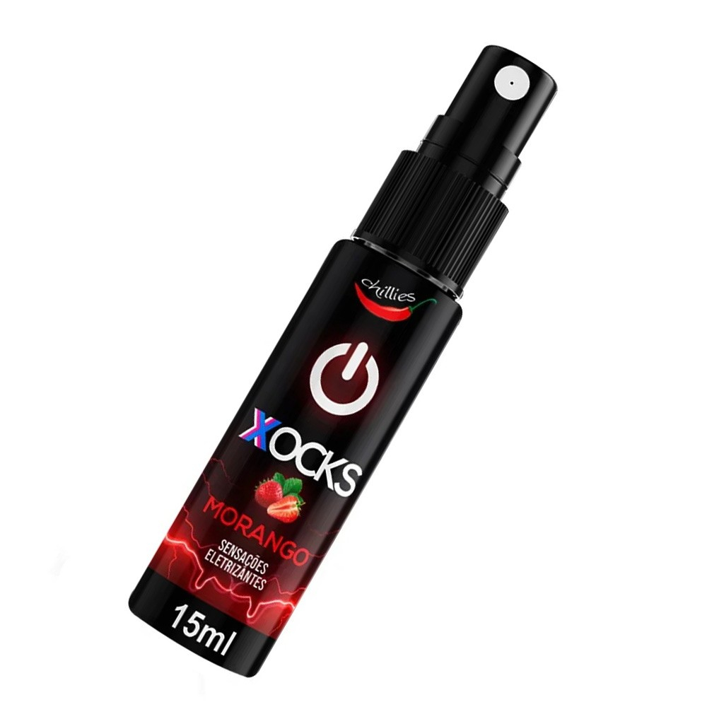 Vibrador L�quido Aroma Morango Xocks 15ml, frasco na vertical com o spray levemente para baixo, mostrando o r�tulo com �cone de power e morangos.