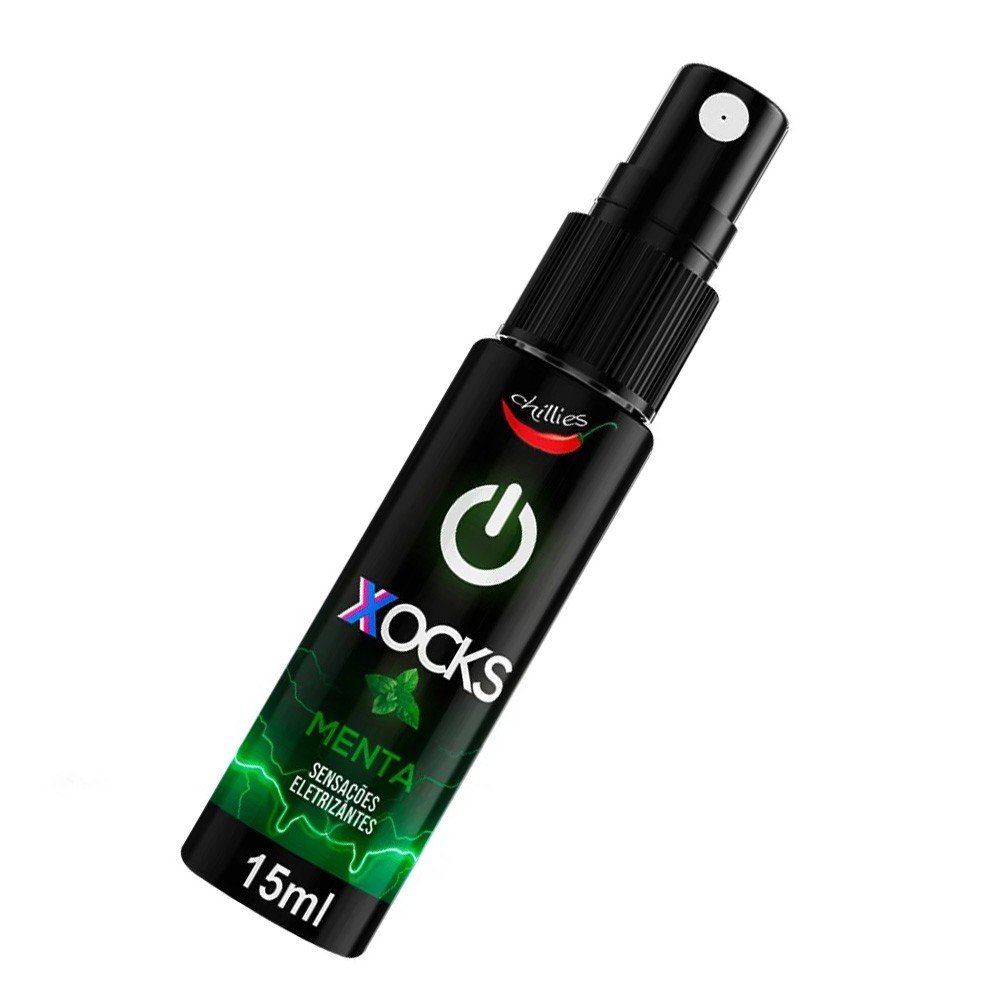 Vibrador L�quido Aroma Menta Xocks 15ml em perspectiva lateral, mostrando bico spray