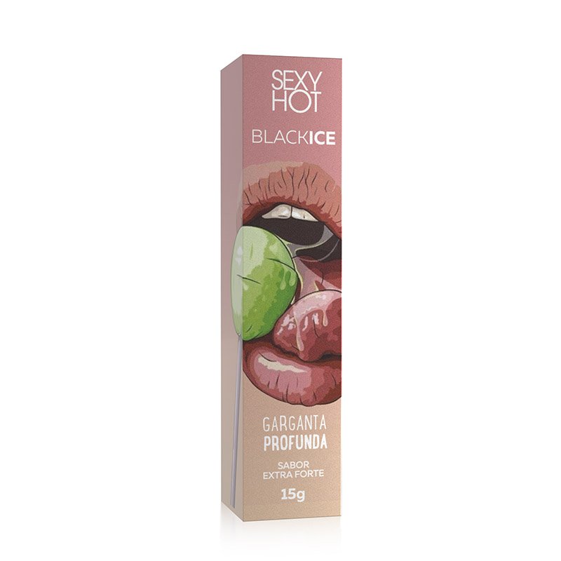 Gel Beij�vel Garganta Profunda Black Ice Eletrizante 15g | Caixa do produto com o frasco ao lado mostrando o r�tulo completo