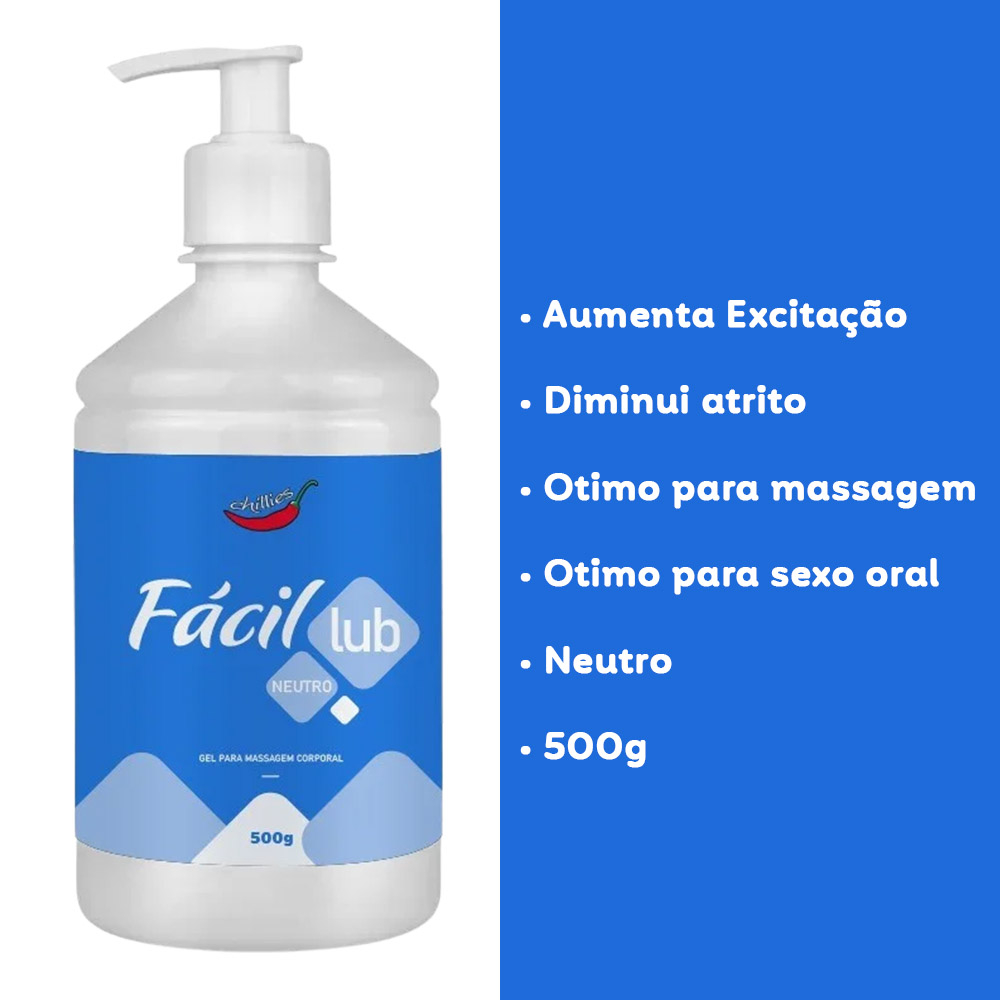 Lubrificante F�cil Lub Neutro 500g com lista de benef�cios como 'Diminui atrito' e '�timo para massagem'