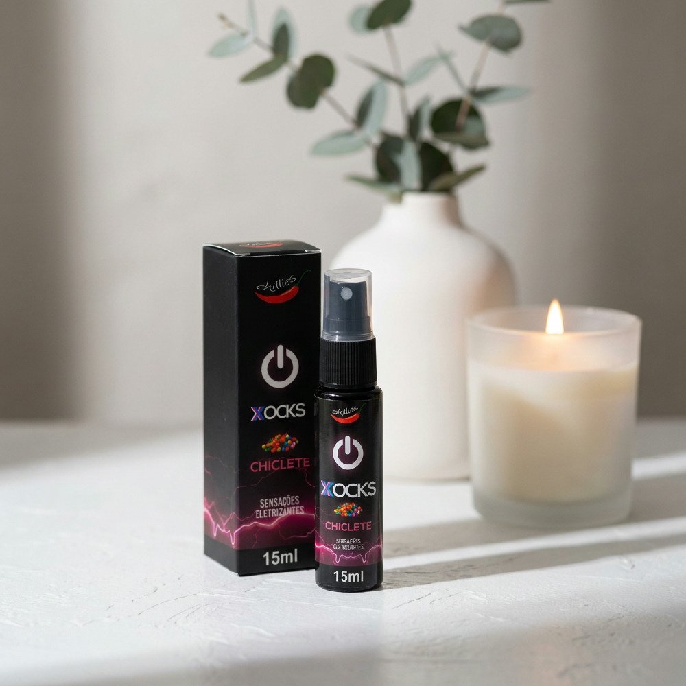 Vibrador L�quido Aroma Chiclete Xocks 15ml | Detalhe do bico spray do frasco para aplica��o pr�tica.