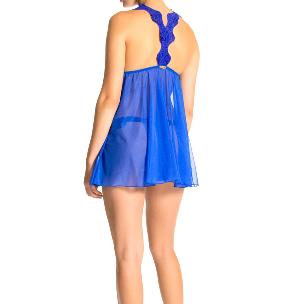 Camisola Sou Eu Papai Azul de costas, mostrando o tule transparente e o detalhe em renda que abra�a a nuca.