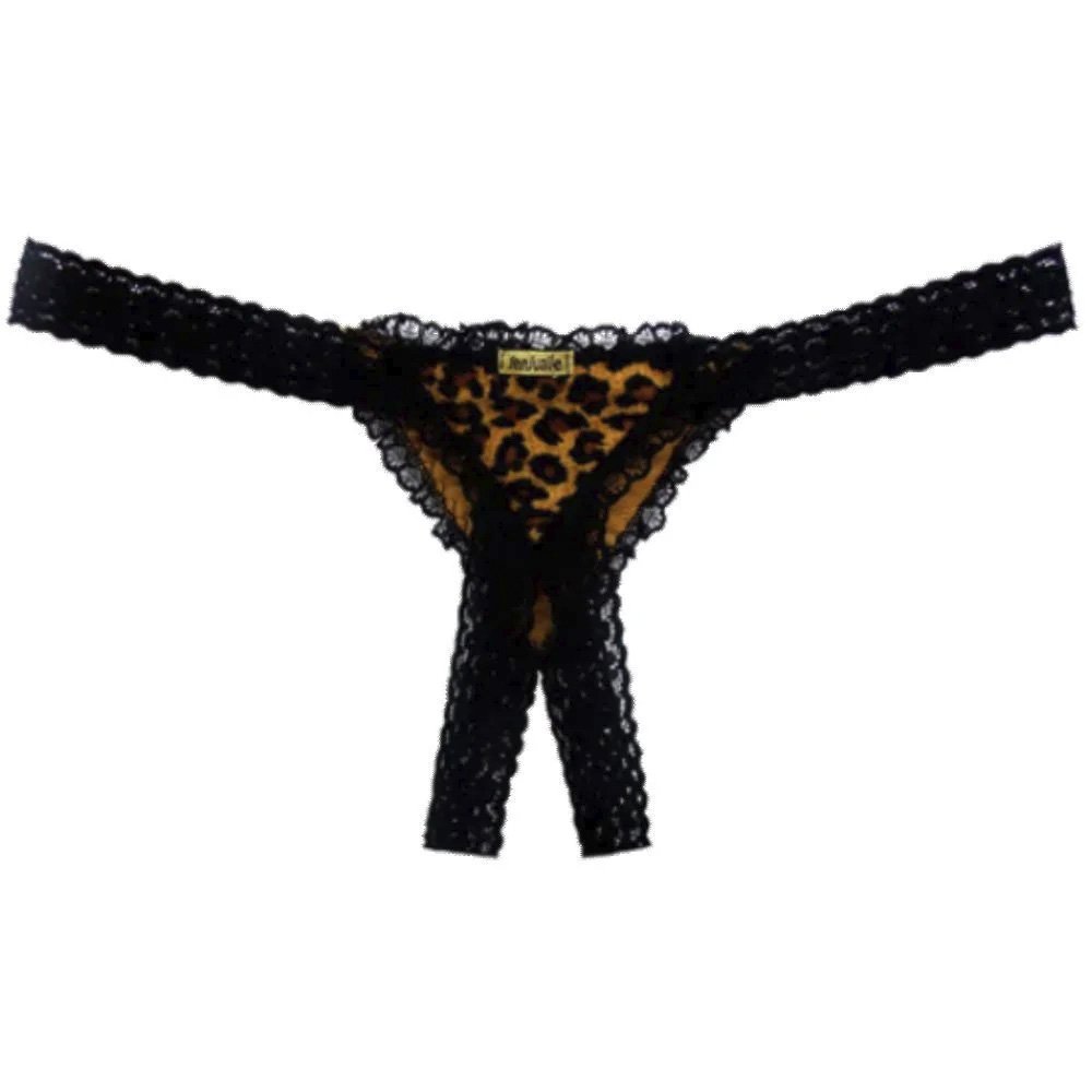 Calcinha Tanga Fio Dental Sexy em Renda e Pel�cia com Abertura na Vagina On�a | Foto 03
