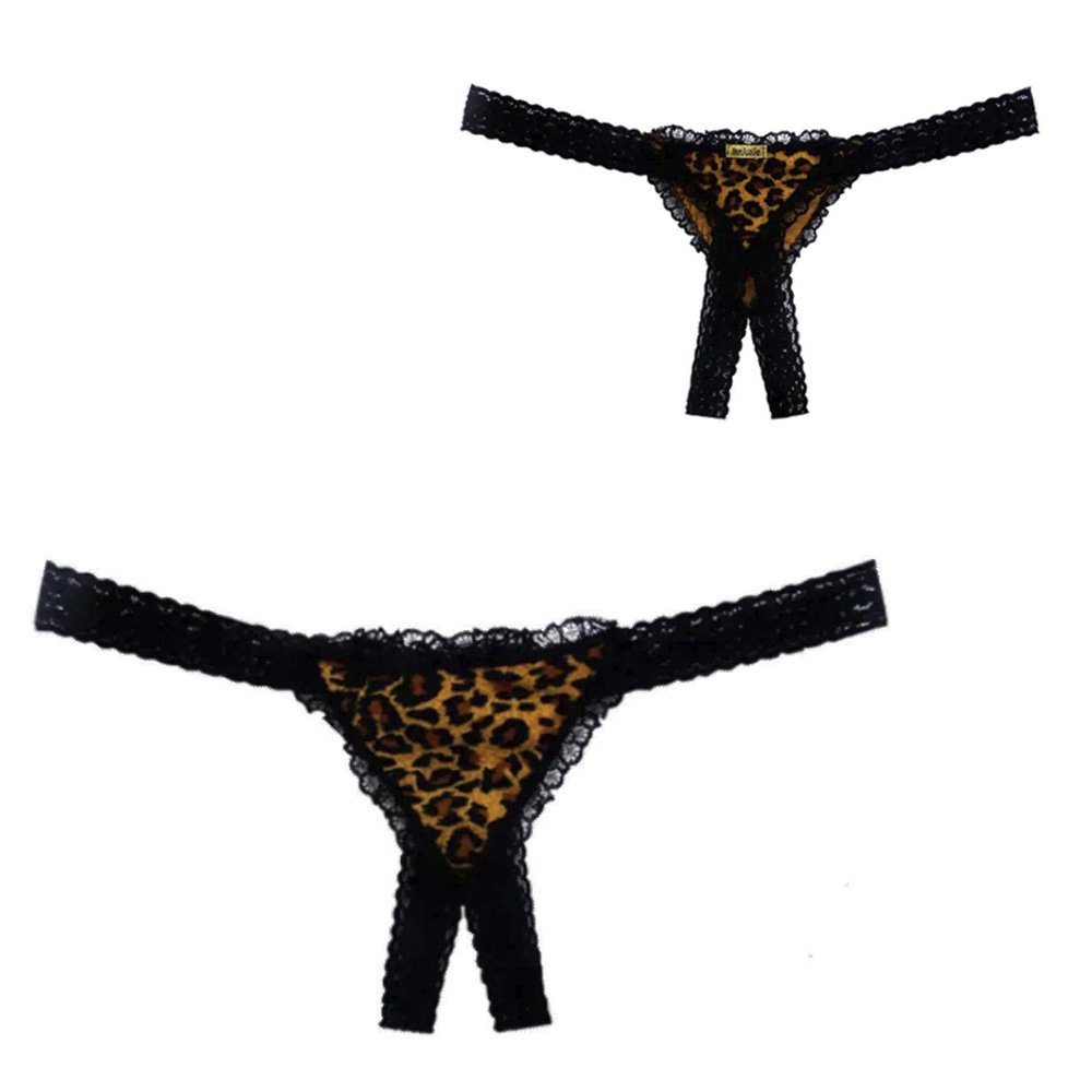 Calcinha Tanga Fio Dental Sexy em Renda e Pel�cia com Abertura na Vagina On�a | Foto 04