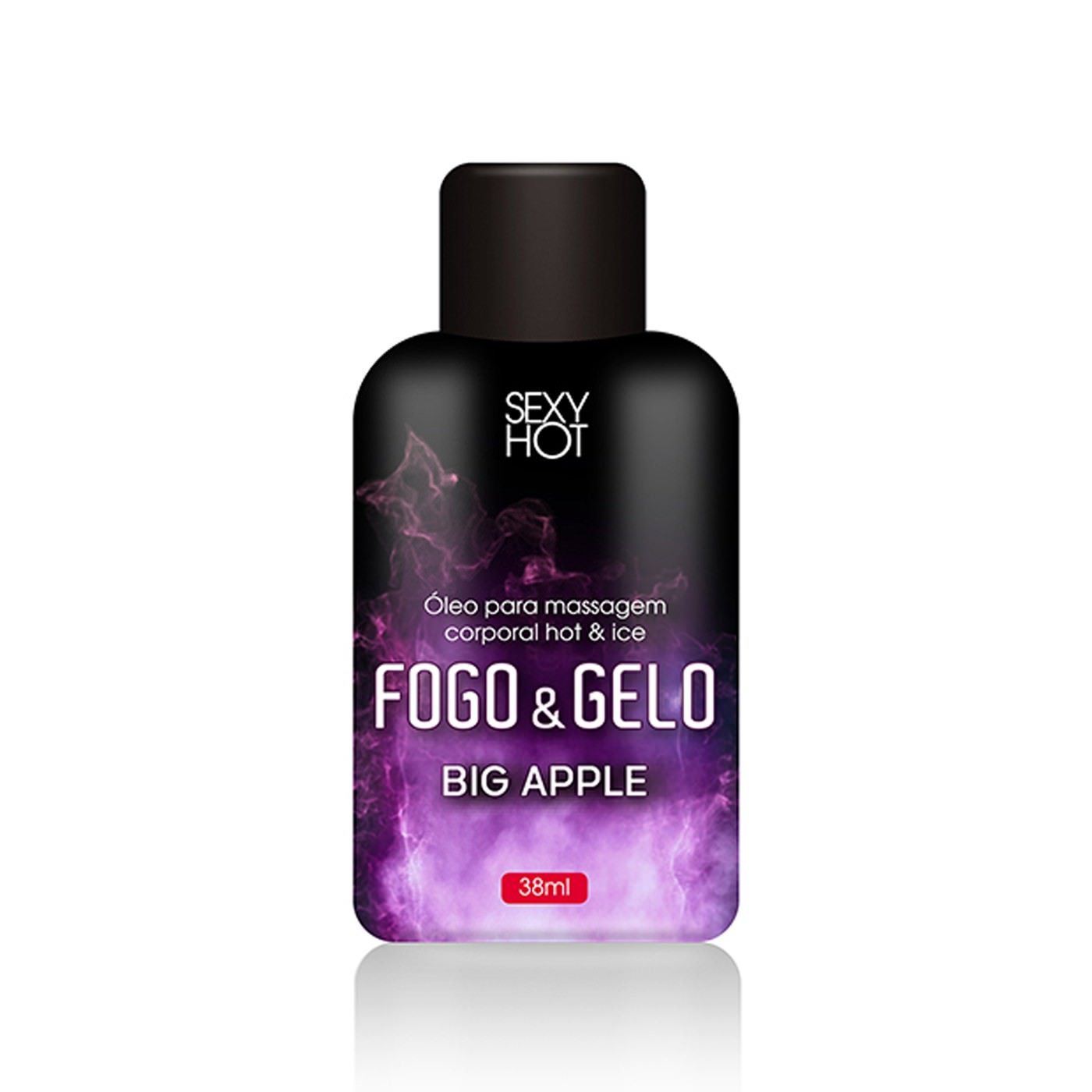 �leo para Massagem Corporal Fogo e Gelo Big Apple 38ml - embalagem preta com detalhes em roxo