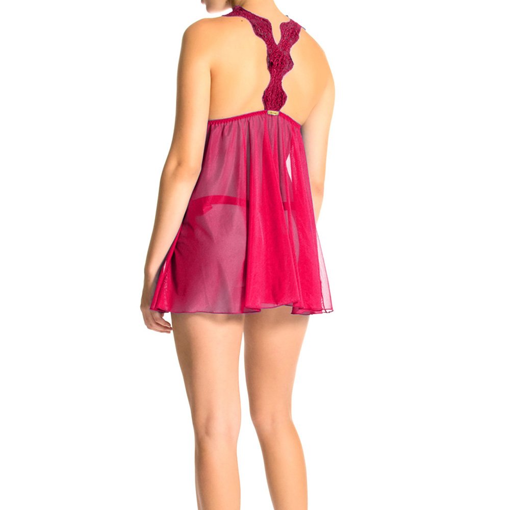 Camisola em Tule com Renda parte superior e faixa em cetim frontal na cor Pink, vista traseira