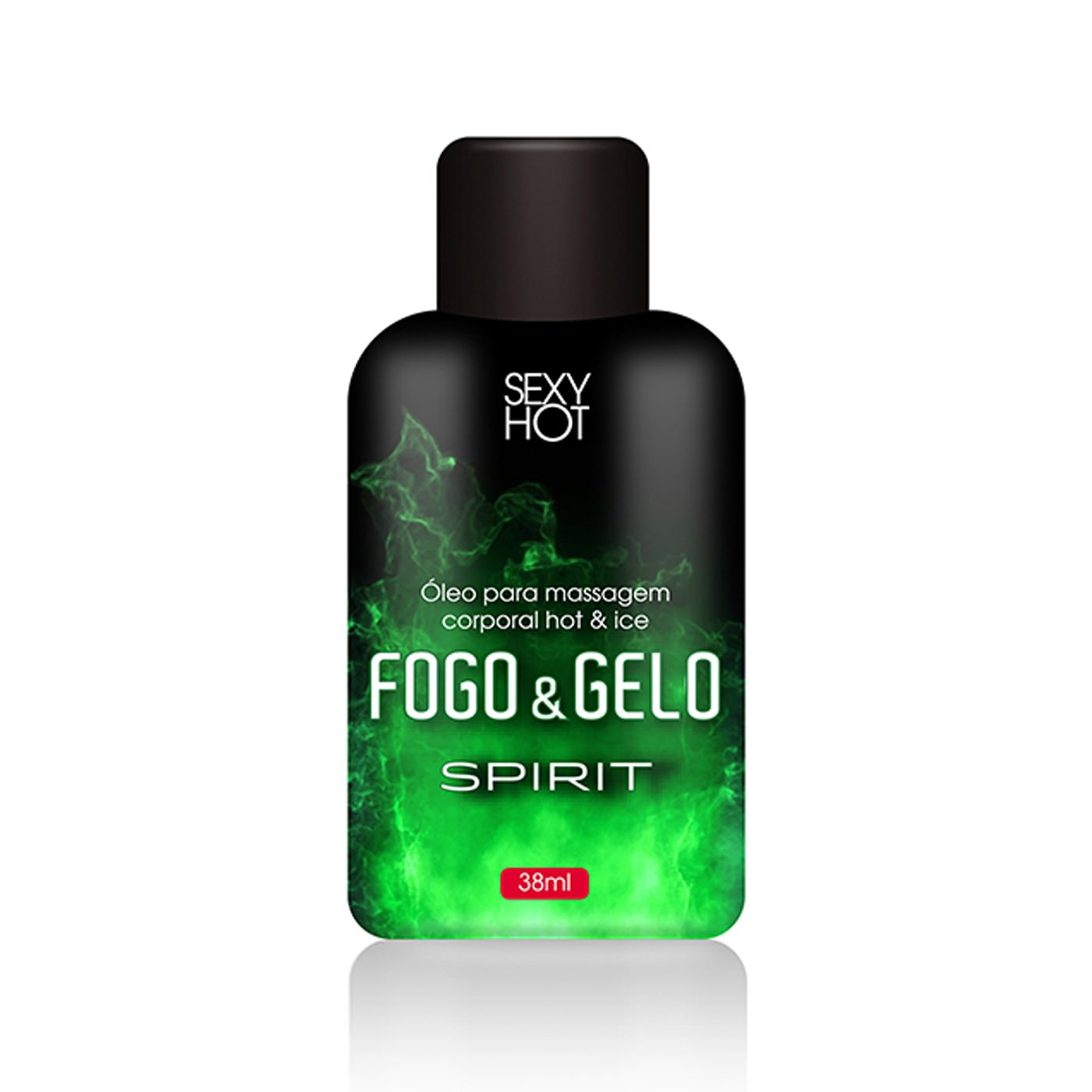 �leo para Massagem Corporal Fogo e Gelo Spirit 38ml, frasco preto com r�tulo verde neon