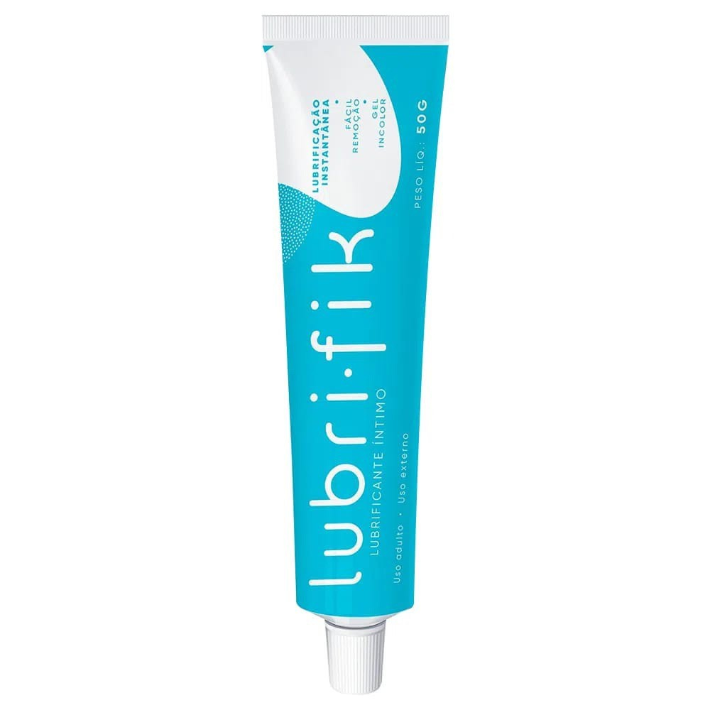 Embalagem do Lubrificante �ntimo K-Med Lubrifik em formato de bisnaga com 50g de conte�do, destacando a frase 'Lubrifica��o Instant�nea' e 'Gel Incolor'