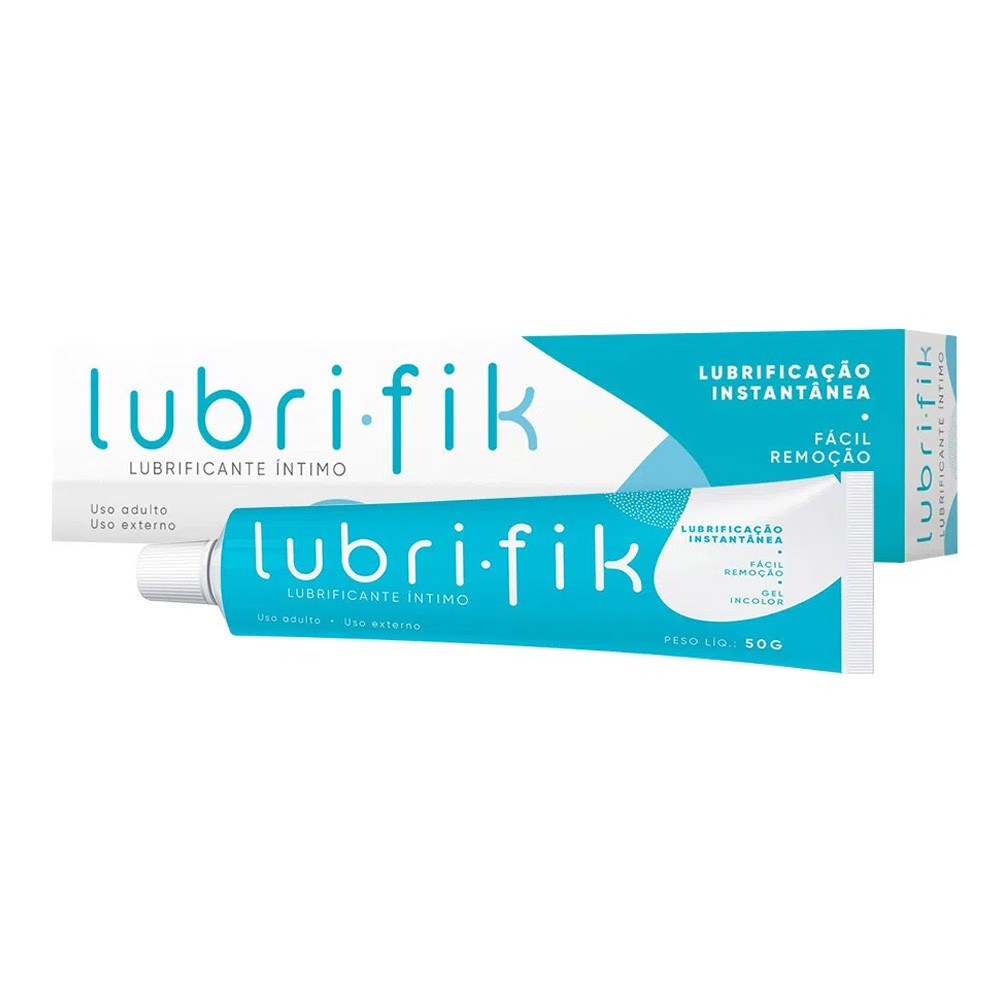 Tubo do Lubrificante �ntimo K-Med Lubrifik com a embalagem de papel�o de fundo, mostrando o design completo do produto e informa��es como 'Lubrificante �ntimo' e 'Peso L�q.: 50g'
