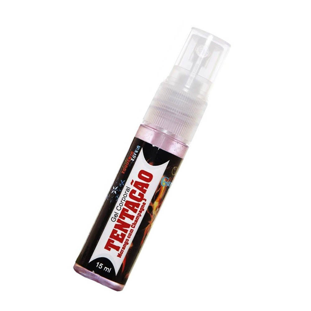 Spray Beij�vel Tenta��o Morango com Champagne Esquenta e Esfria 15ml - Garrafa inclinada mostrando o bico aplicador e o r�tulo