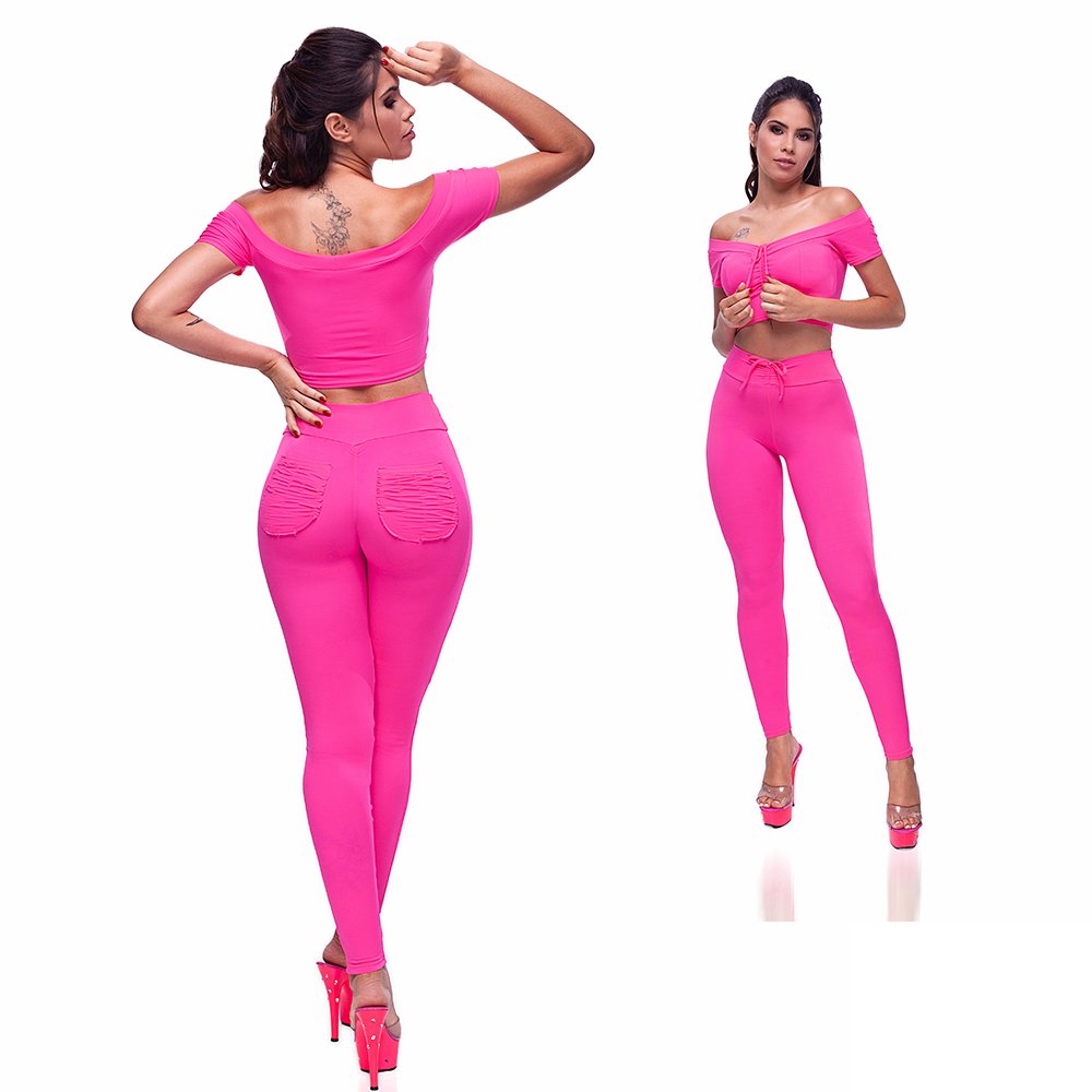 Conjunto Sensual Pink em suplex poli�ster com cropped ciganinha e cal�a levanta bumbum, vista geral