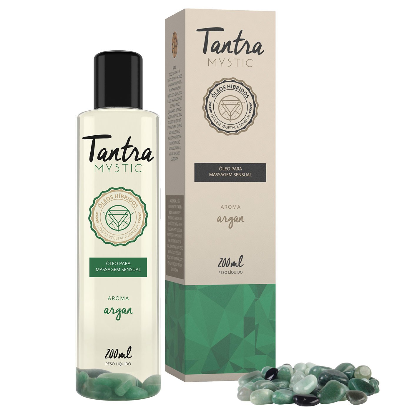 Embalagem do �leo para Massagem Sensual Tantra Mystic Argan 200ml ao lado de um conjunto de pedras naturais na cor verde.