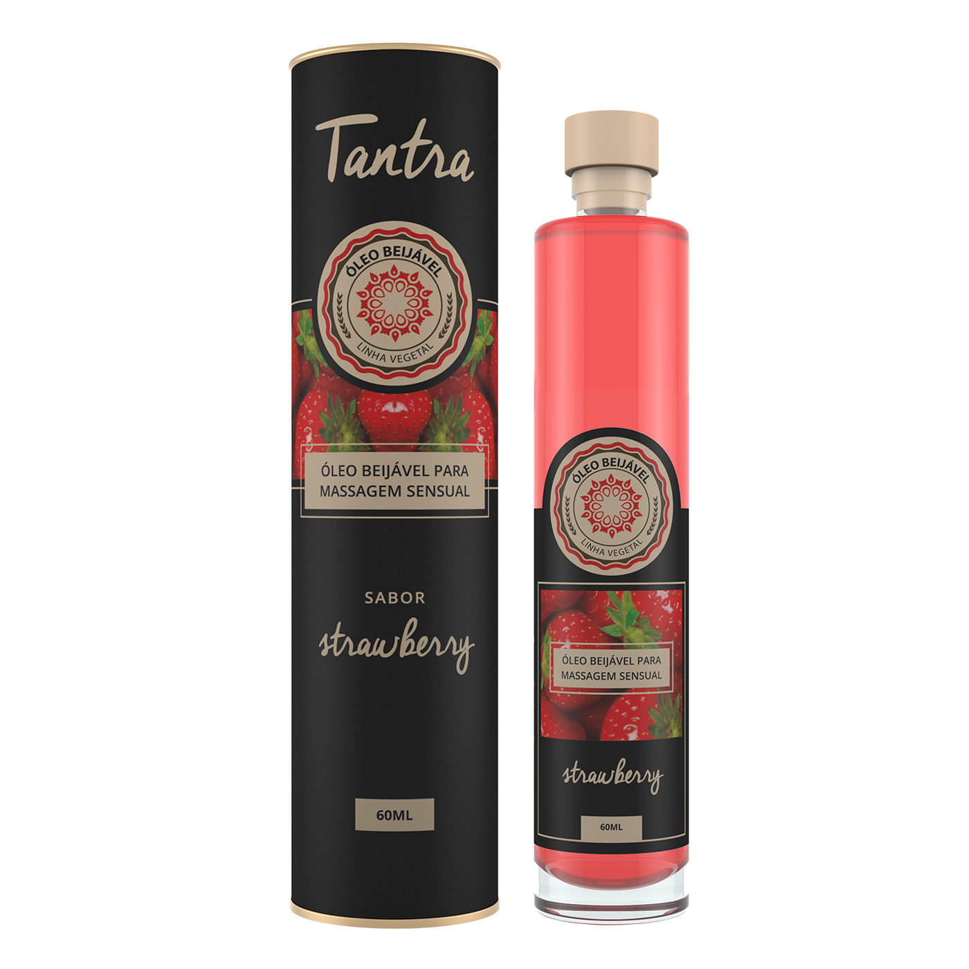 �leo para Massagem Sensual Tantra Beij�vel Morango 60ml e sua embalagem em um elegante fundo preto