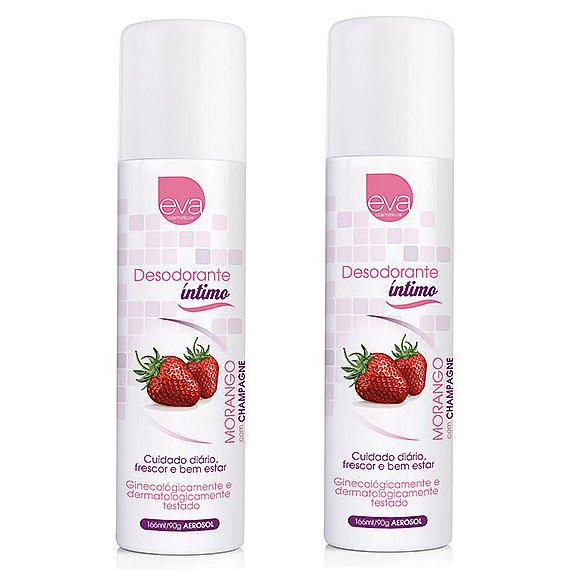 Desodorante �ntimo Aerosol Morango com Champagne - Duas embalagens do desodorante �ntimo em fundo branco