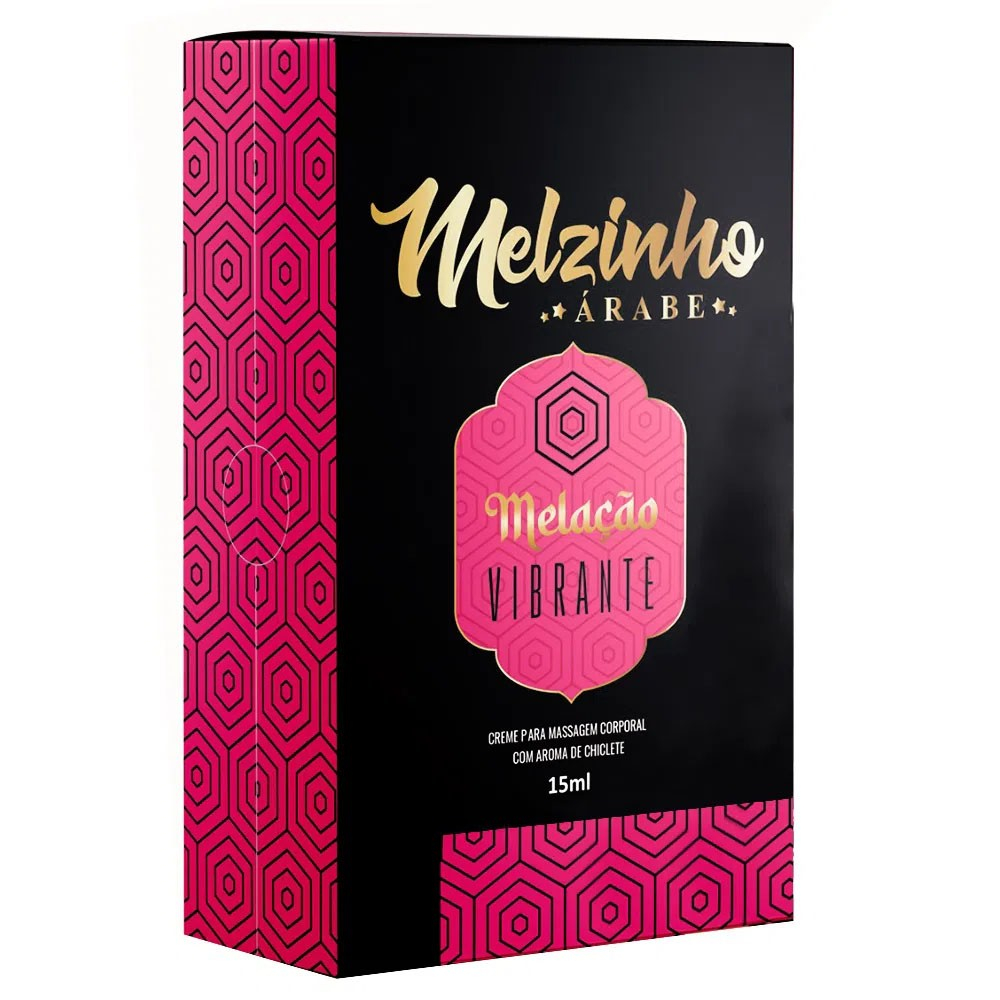 Embalagem do �leo para Massagem Vibrante Aroma Chiclete Melzinho �rabe 15ml, caixa preta com detalhes em rosa neon e logotipo dourado