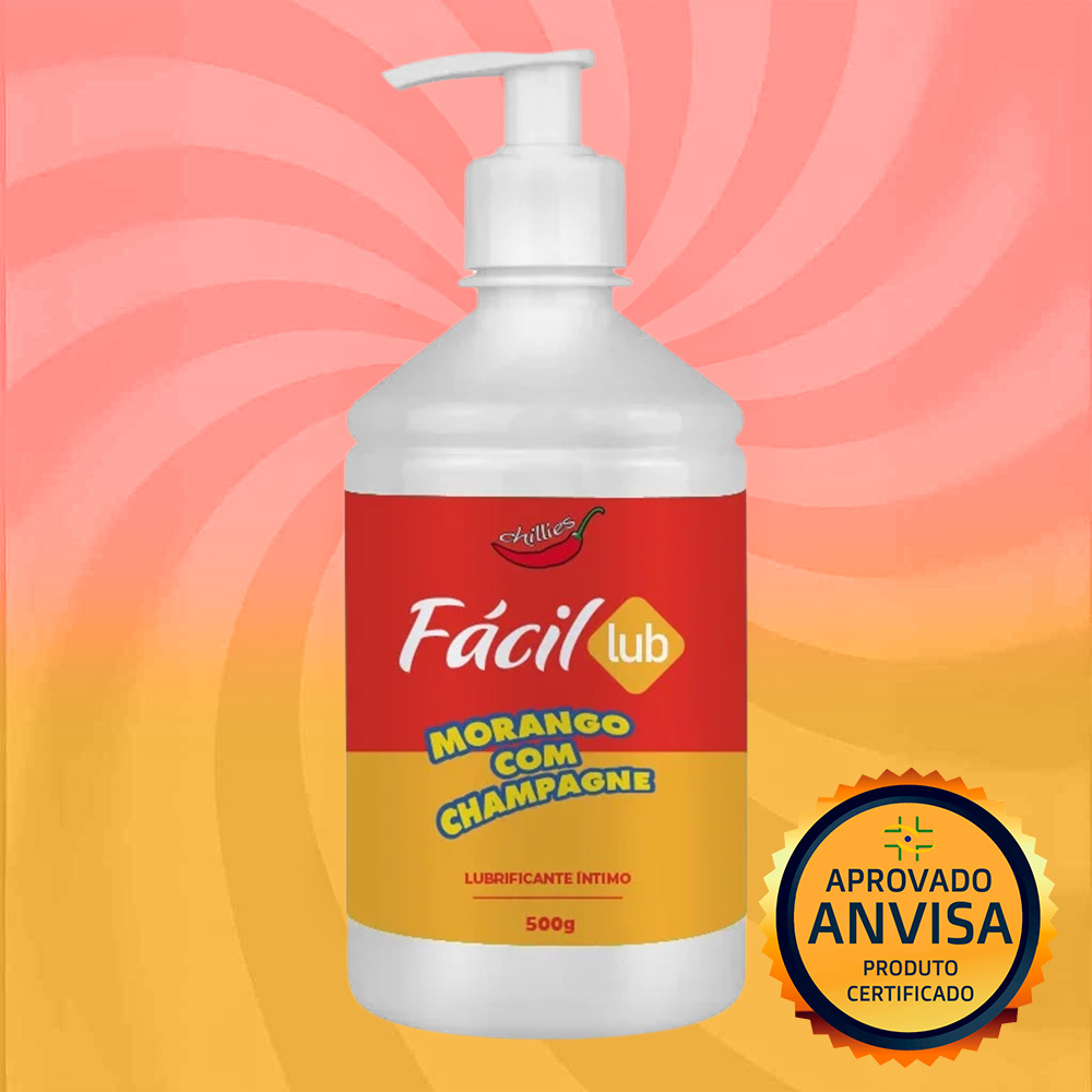 Lubrificante Beij�vel Sabor Morango com Champagne 500g da marca Chillies com selo 'APROVADO ANVISA', indicando que � um produto certificado e seguro.