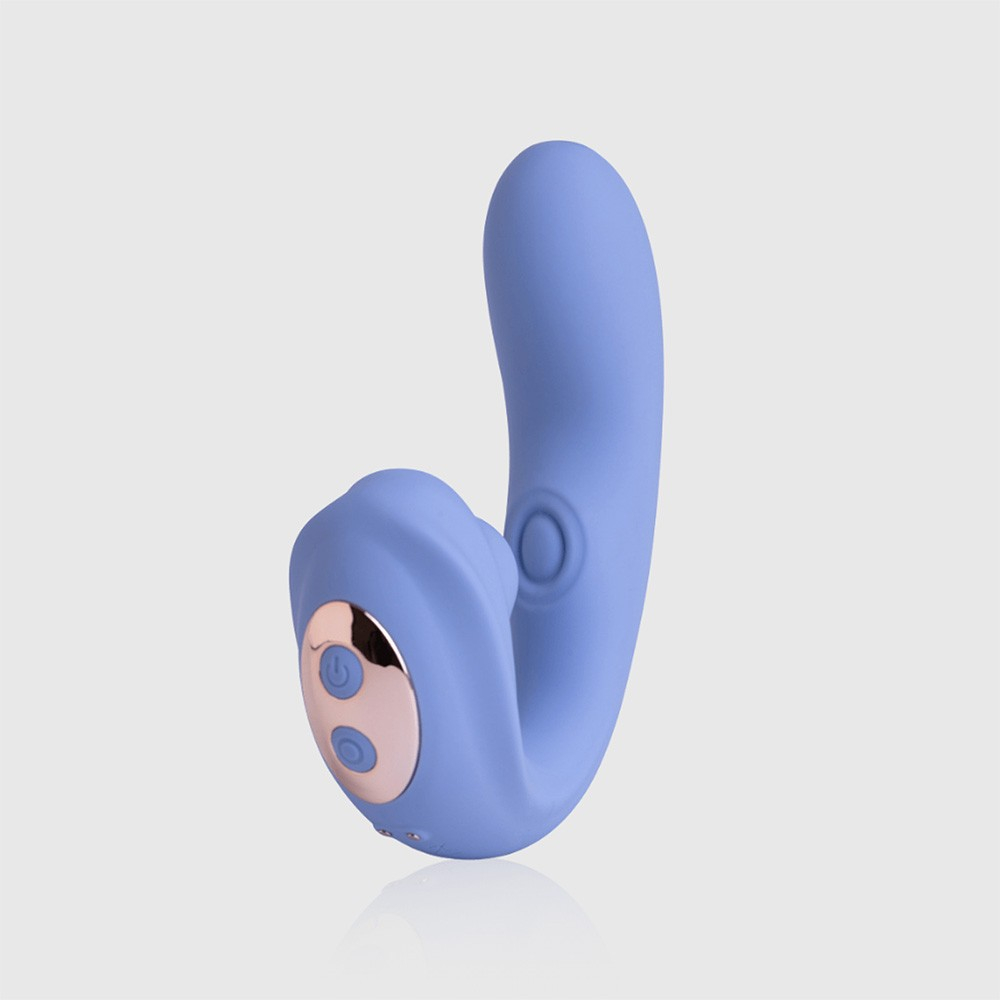 Vibrador Duplo em Silicone recarreg�vel 3 em 1 na cor azul, vista lateral