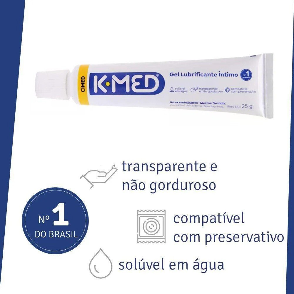 foto detalhada do r�tulo do Lubrificante �ntimo K-Med Gel, ressaltando os termos 'transparente e n�o gorduroso', 'compat�vel com preservativo', e 'sol�vel em �gua'