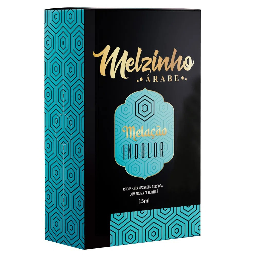 Gel para Sexo Anal Dessensibilizante Melzinho �rabe Indolor Aroma Hortel� 15ml - Caixa do produto em preto com detalhes turquesa e dourado, exibindo a marca e a descri��o.