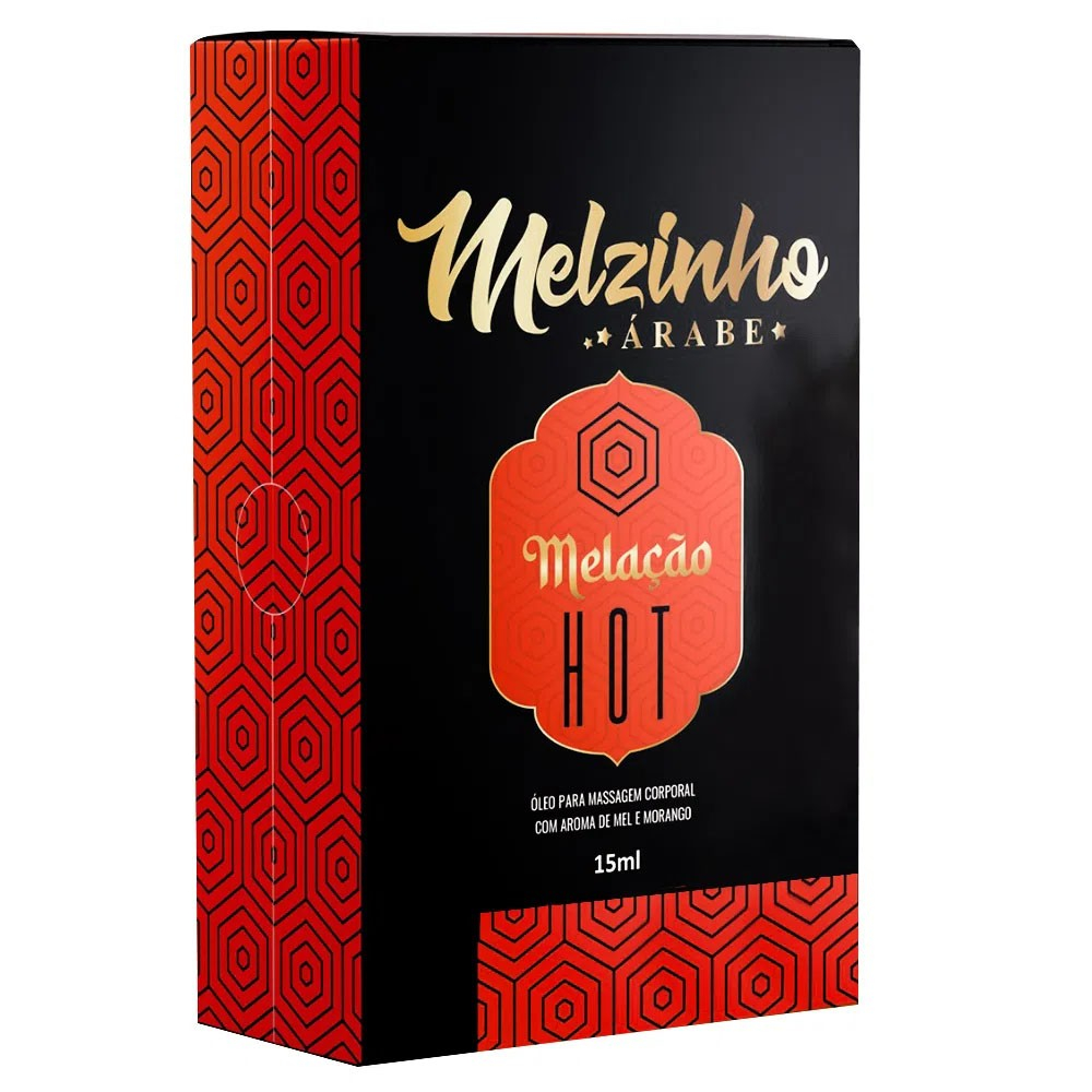 �leo para Massagem Hot Melzinho �rabe Mel e Morango 15ml | Frasco fechado e sua embalagem, vista lateral