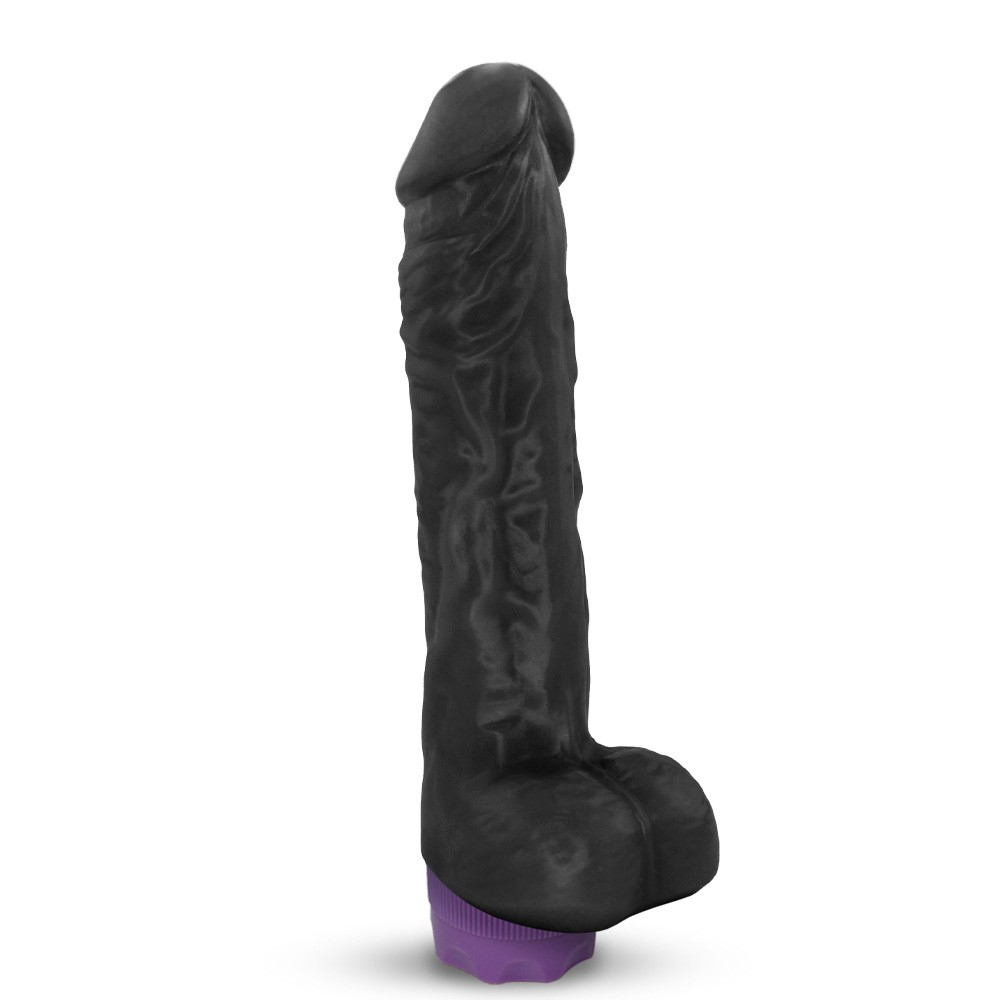 P�nis Real�stico com Vibrador 10 Modos Recarreg�vel via USB EROS na cor preta, em close que exibe textura macia